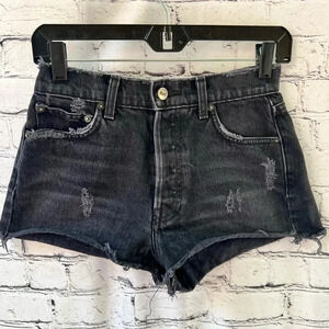 Reformation Dixie High Waisted Distressed Black Denim Button Fly Shorts Size 25
